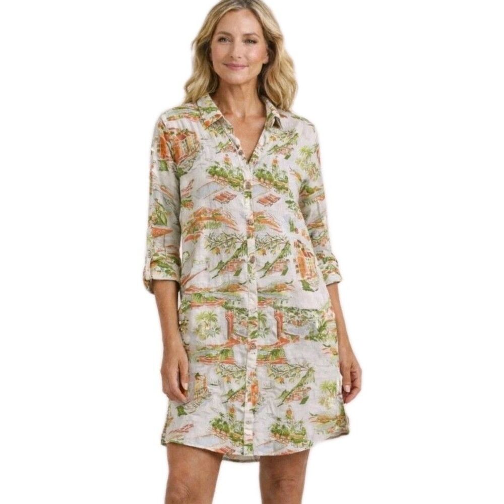 Cynthia Rowley Cream Linen-Blend Shirt Midi Dress with Green & Orange Print